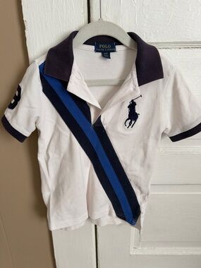 Polo by Ralph Lauren White Polo with Navy Collar & Blue Stripe